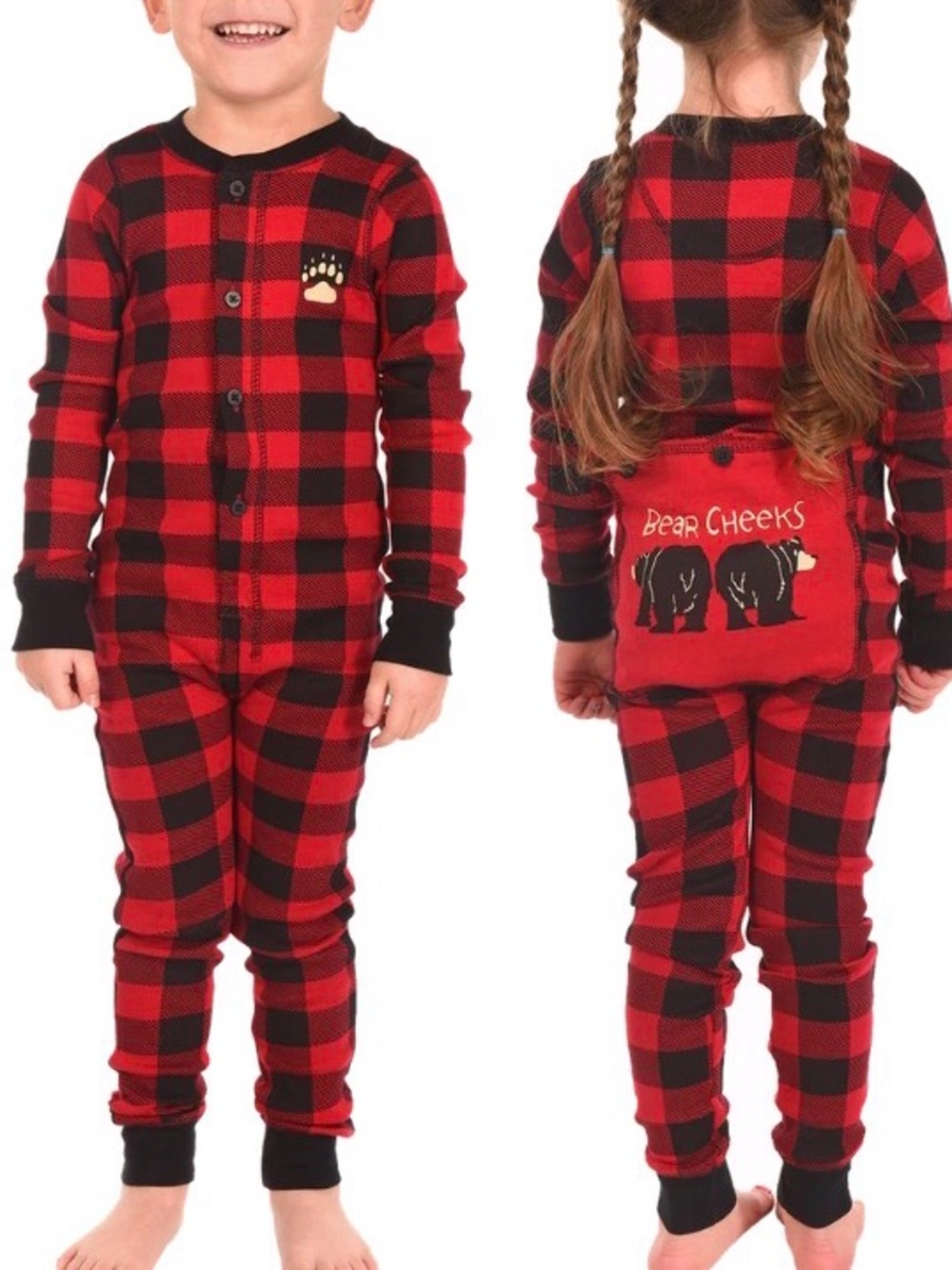 Lazy One Kids Red and Black Buffalo Plaid Pajama Set - Bear Cheeks
